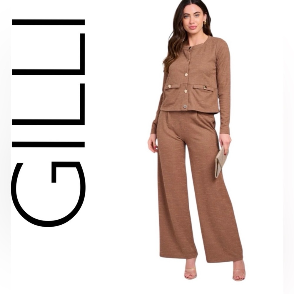 Gilli Women's Tan Wide Leg 2 Piece Pants Suit size Large NWT